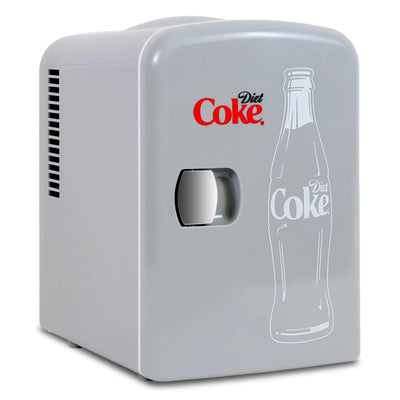 Diet Coke 4L Mini Fridge W/ 12V DC and 110V AC Cords, 6 Can Portable Cooler, Personal Travel Refrigerator, Gray | Fridge.com