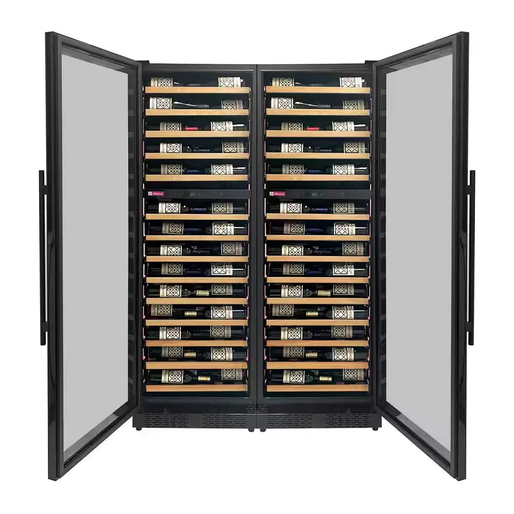 134-Bottle 71 In. Tall Four Zone Side-By-Side Digital Wine Cellar Cooling Unit in Black with Wood Front Shelves | Fridge.com