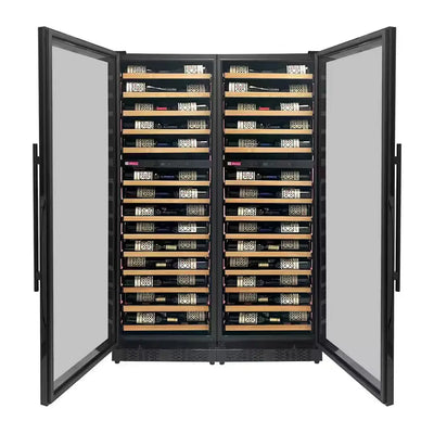 134-Bottle 71 In. Tall Four Zone Side-By-Side Digital Wine Cellar Cooling Unit in Black with Wood Front Shelves | Fridge.com