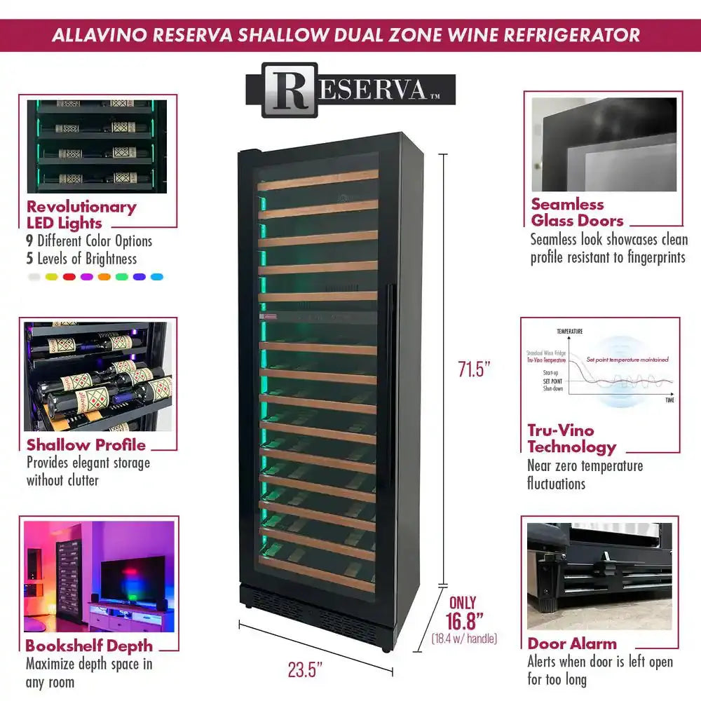 134-Bottle 71 In. Tall Four Zone Side-By-Side Digital Wine Cellar Cooling Unit in Black with Wood Front Shelves | Fridge.com