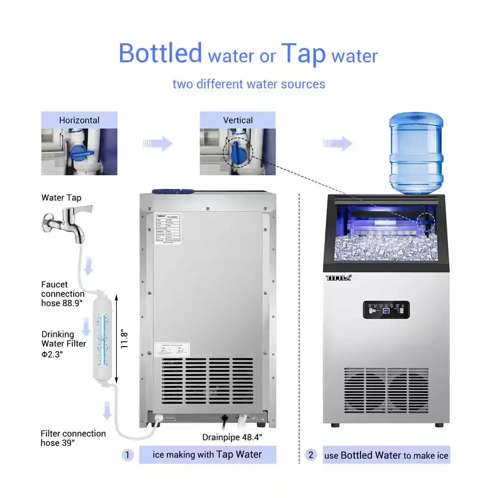 14 In. 88 Lb. Built-In Ice Maker in Stainless Steel Flip-Up Door 2 Water Inlet Modes with Scoop & Water Filter Blue Leds | Fridge.com