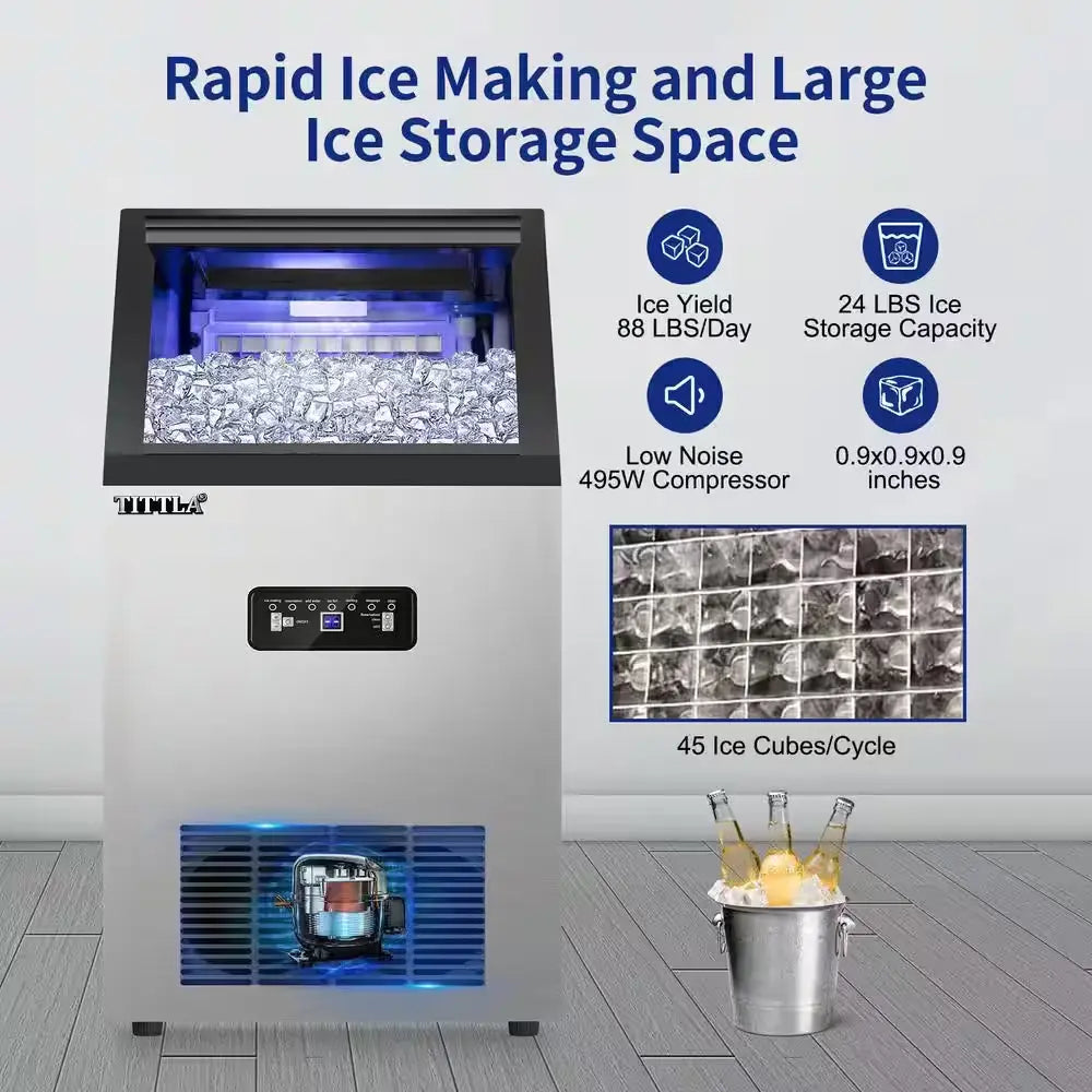 14 In. 88 Lb. Built-In Ice Maker in Stainless Steel Flip-Up Door 2 Water Inlet Modes with Scoop & Water Filter Blue Leds | Fridge.com