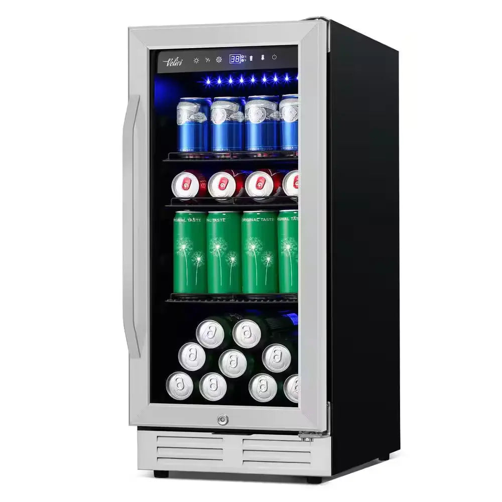 15 In. 127 (12 Oz.) Can Freestanding Beverage Cooler Fridge with Adjustable Shelves in Stainless Steel | Fridge.com