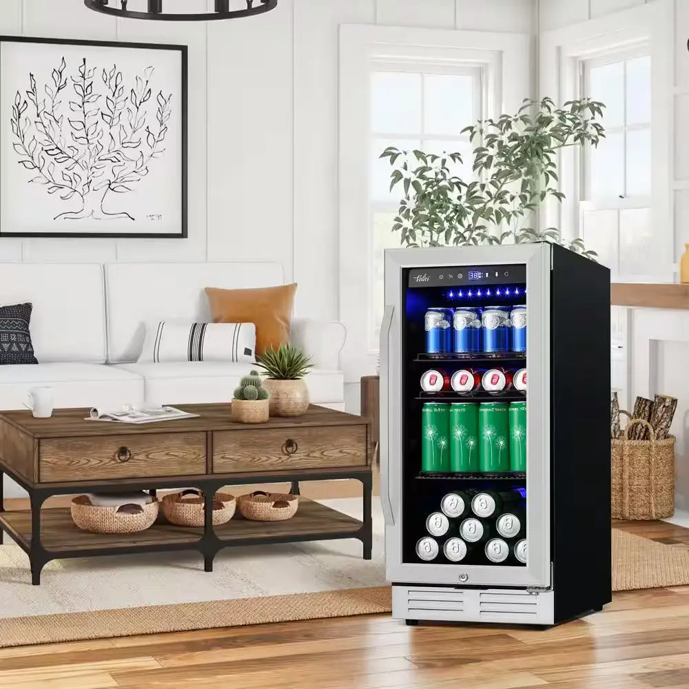 15 In. 127 (12 Oz.) Can Freestanding Beverage Cooler Fridge with Adjustable Shelves in Stainless Steel | Fridge.com