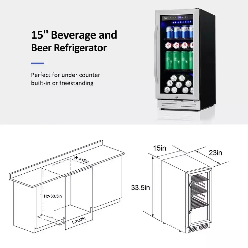 15 In. 127 (12 Oz.) Can Freestanding Beverage Cooler Fridge with Adjustable Shelves in Stainless Steel | Fridge.com