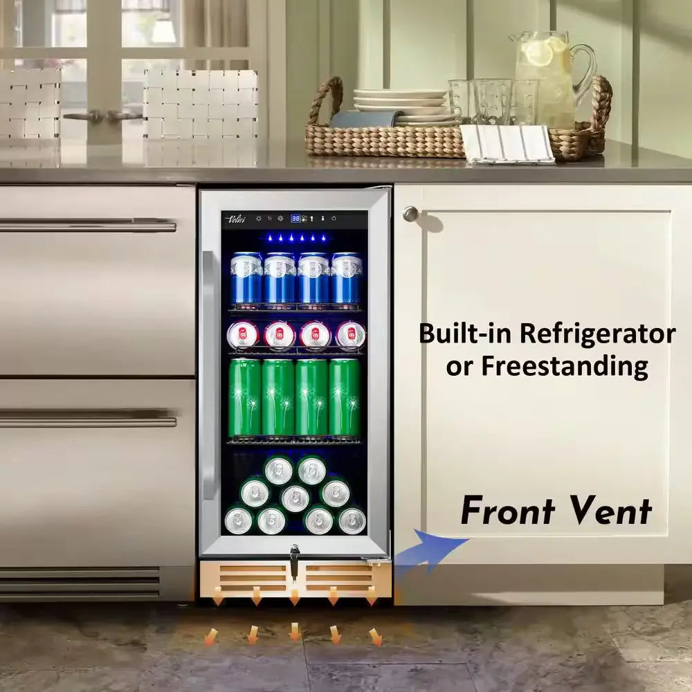 15 In. 127 (12 Oz.) Can Freestanding Beverage Cooler Fridge with Adjustable Shelves in Stainless Steel | Fridge.com