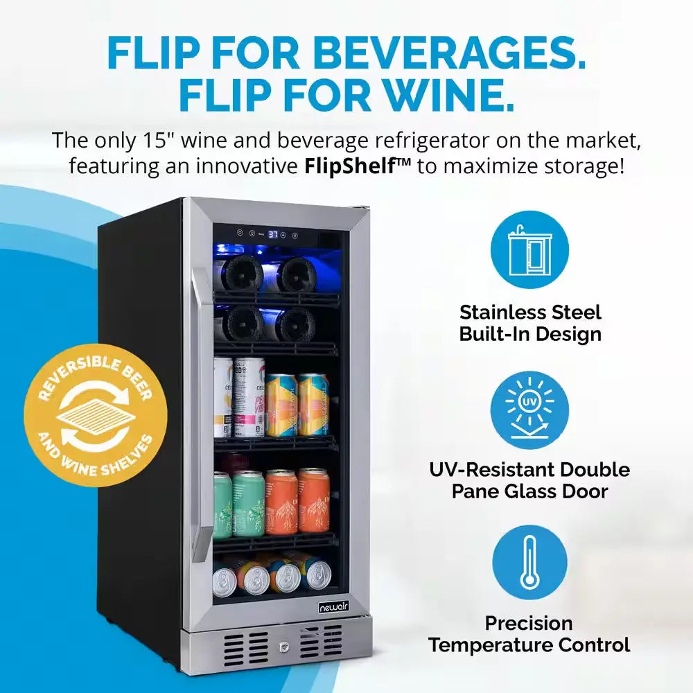 15 In. Flipshelf 33 Wine Bottles & 80 Cans Built-In Beverage and Wine Cooler in Stainless Steel with Reversible Shelves | Fridge.com