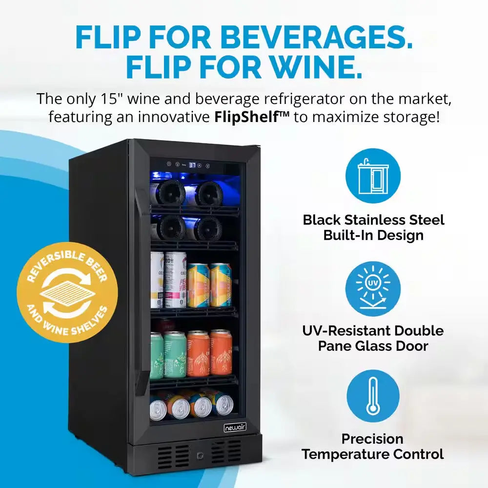 15 In. Flipshelf 33 Wine Bottles & 80 Cans Reversible Shelves Built-In Beverage and Wine Cooler in Black Stainless Steel | Fridge.com