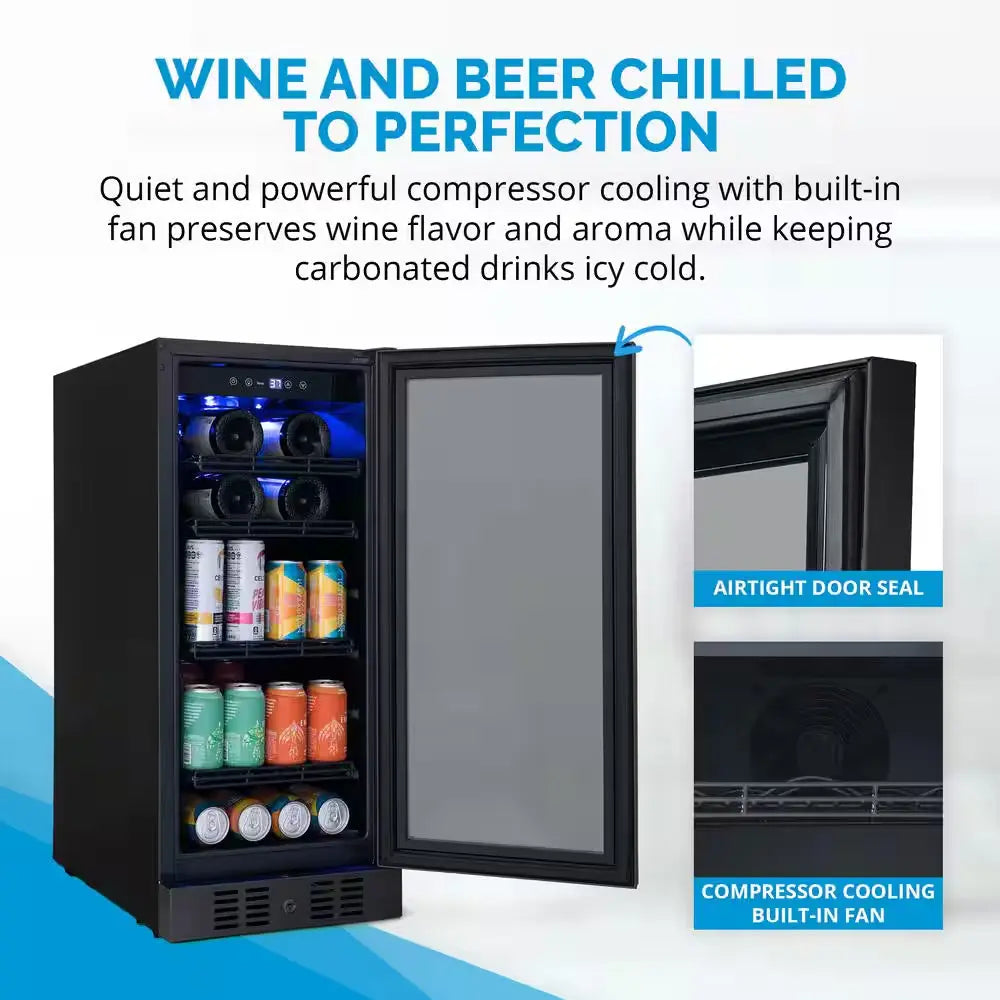 15 In. Flipshelf 33 Wine Bottles & 80 Cans Reversible Shelves Built-In Beverage and Wine Cooler in Black Stainless Steel | Fridge.com