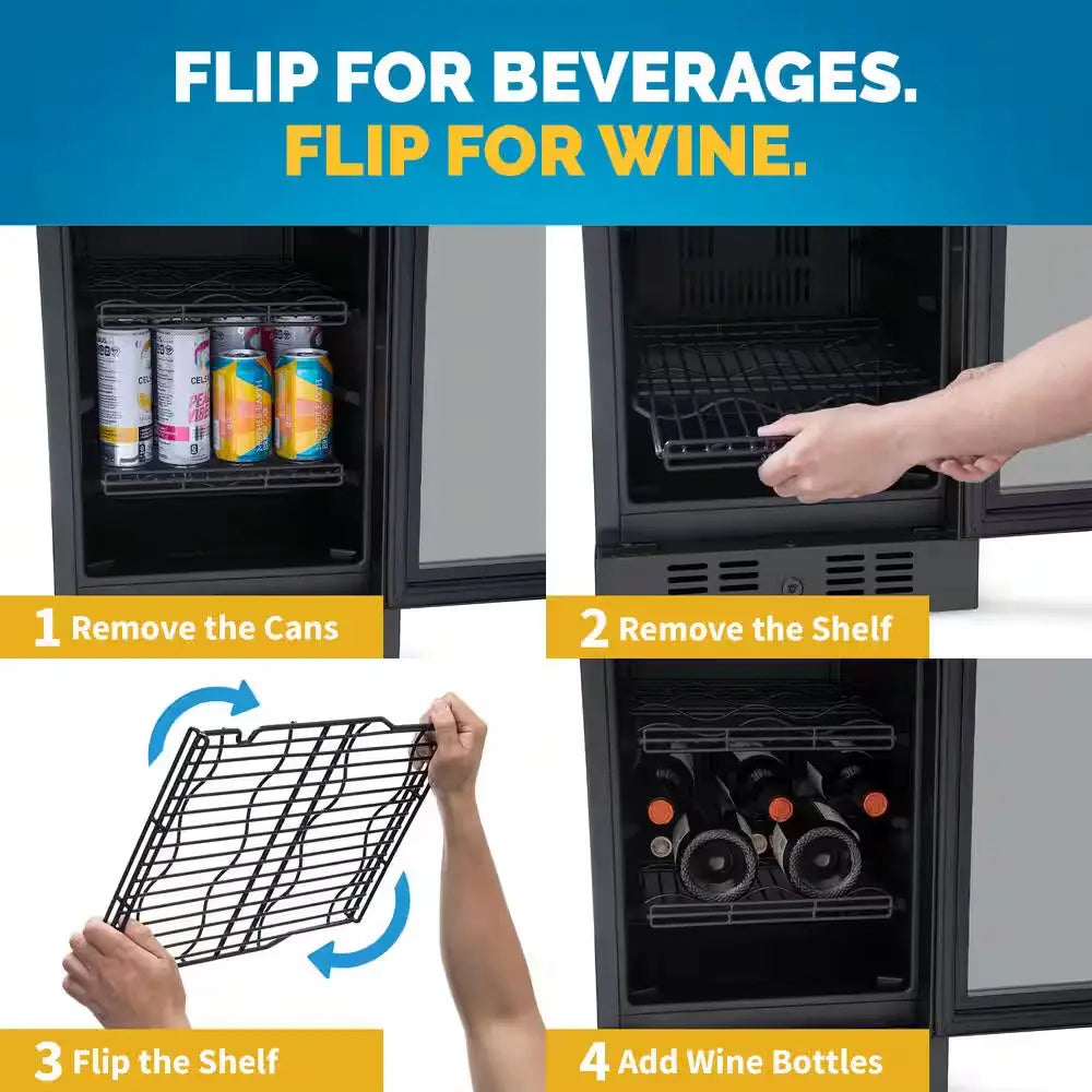 15 In. Flipshelf 33 Wine Bottles & 80 Cans Reversible Shelves Built-In Beverage and Wine Cooler in Black Stainless Steel | Fridge.com