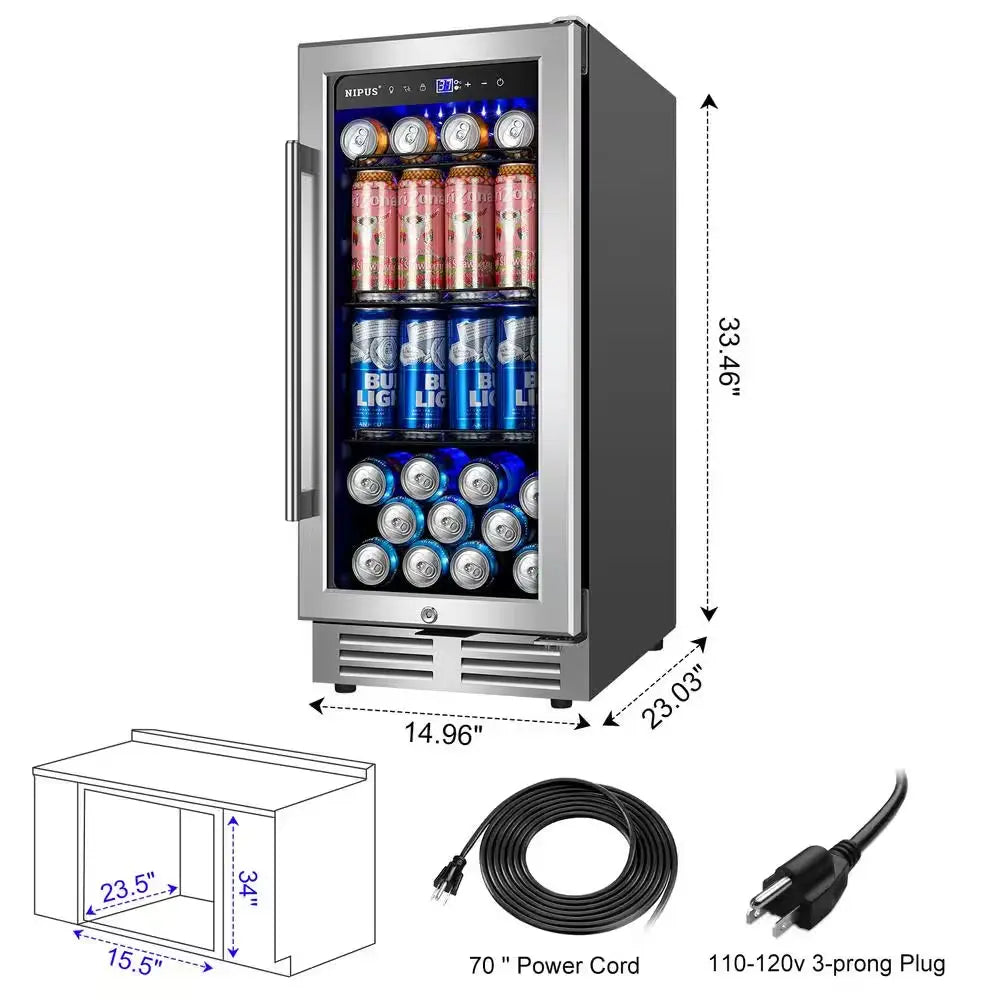 15 In. Single Zone 130 Can Built-In and Freestanding Beverage Cooler Fridge with Adjustable Shelves - Stainless Steel | Fridge.com