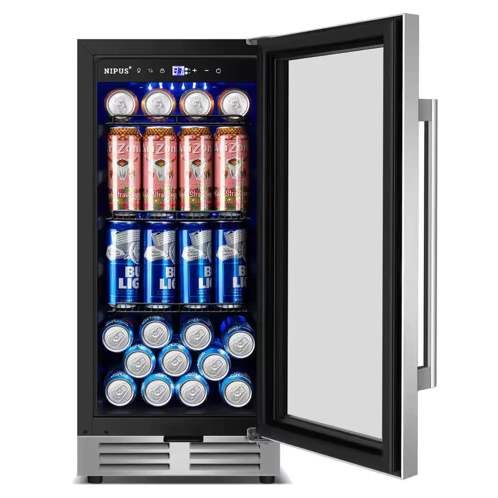 15 In. Single Zone 130 Can Built-In and Freestanding Beverage Cooler Fridge with Adjustable Shelves - Stainless Steel | Fridge.com