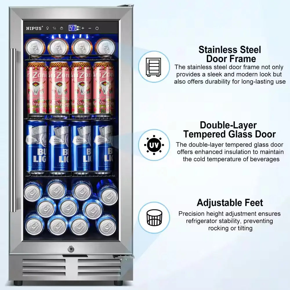 15 In. Single Zone 130 Can Built-In and Freestanding Beverage Cooler Fridge with Adjustable Shelves - Stainless Steel | Fridge.com