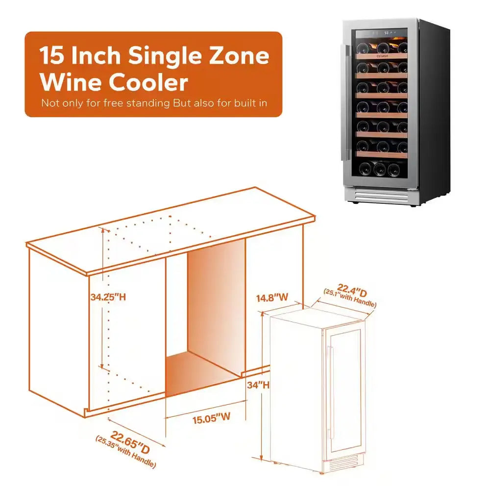 15 In. Single Zone 33-Bottles Built-In Wine Cooler Refrigerator Fast Cooling Compressor Fridge Frost-Free Touch Panel | Fridge.com