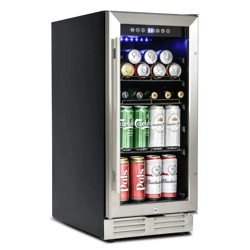 15 Inch Mini Beverage Cooler with 120 Cans Capacity for Soda, Water, Beer or Wine. Quiet Operation, Compressor Cooling System, Energy Saving, Adjustable Shelves, Blue Interior Light | Fridge.com