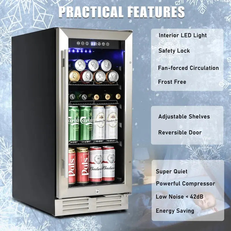 15 Inch Mini Beverage Cooler with 120 Cans Capacity for Soda, Water, Beer or Wine. Quiet Operation, Compressor Cooling System, Energy Saving, Adjustable Shelves, Blue Interior Light | Fridge.com