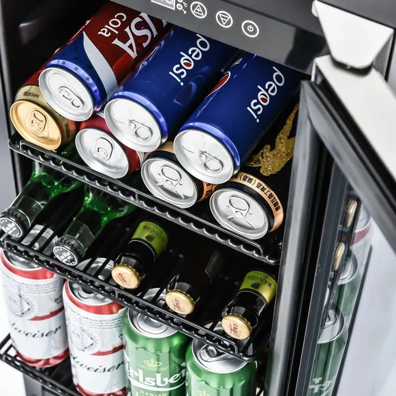 15 Inch Mini Beverage Cooler with 120 Cans Capacity for Soda, Water, Beer or Wine. Quiet Operation, Compressor Cooling System, Energy Saving, Adjustable Shelves, Blue Interior Light | Fridge.com