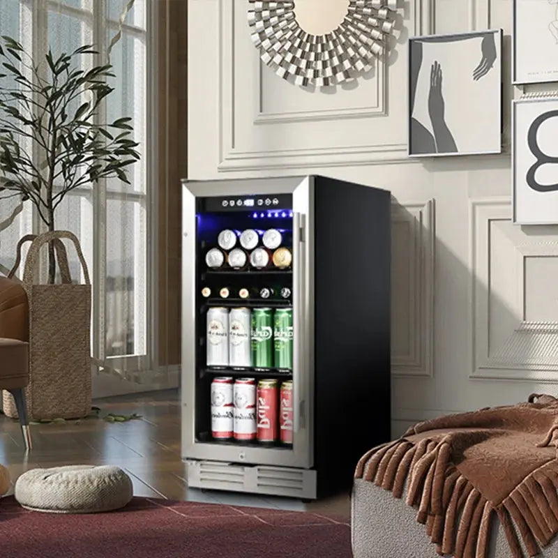 15 Inch Mini Beverage Cooler with 120 Cans Capacity for Soda, Water, Beer or Wine. Quiet Operation, Compressor Cooling System, Energy Saving, Adjustable Shelves, Blue Interior Light | Fridge.com