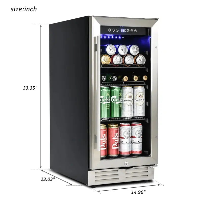 15 Inch Mini Beverage Cooler with 120 Cans Capacity for Soda, Water, Beer or Wine. Quiet Operation, Compressor Cooling System, Energy Saving, Adjustable Shelves, Blue Interior Light | Fridge.com