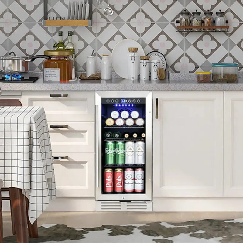 15 Inch Mini Beverage Cooler with 120 Cans Capacity for Soda, Water, Beer or Wine. Quiet Operation, Compressor Cooling System, Energy Saving, Adjustable Shelves, Blue Interior Light | Fridge.com