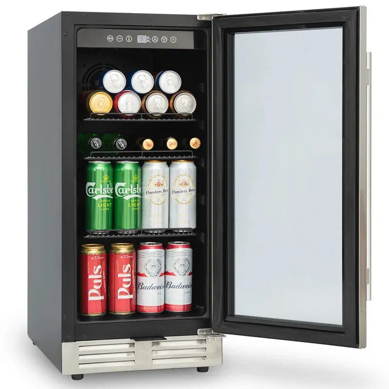 15 Inch Mini Beverage Cooler with 120 Cans Capacity for Soda, Water, Beer or Wine. Quiet Operation, Compressor Cooling System, Energy Saving, Adjustable Shelves, Blue Interior Light | Fridge.com