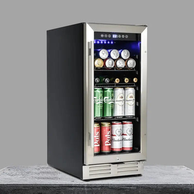 15 Inch Mini Beverage Cooler with 120 Cans Capacity for Soda, Water, Beer or Wine. Quiet Operation, Compressor Cooling System, Energy Saving, Adjustable Shelves, Blue Interior Light. | Fridge.com