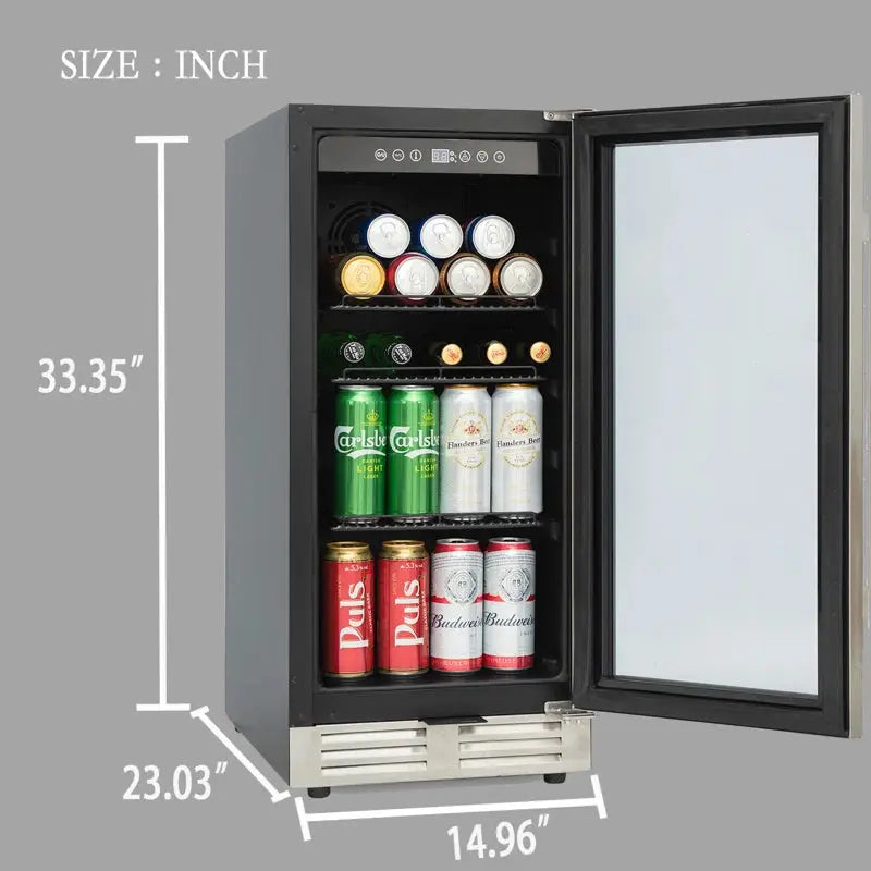 15 Inch Mini Beverage Cooler with 120 Cans Capacity for Soda, Water, Beer or Wine. Quiet Operation, Compressor Cooling System, Energy Saving, Adjustable Shelves, Blue Interior Light. | Fridge.com