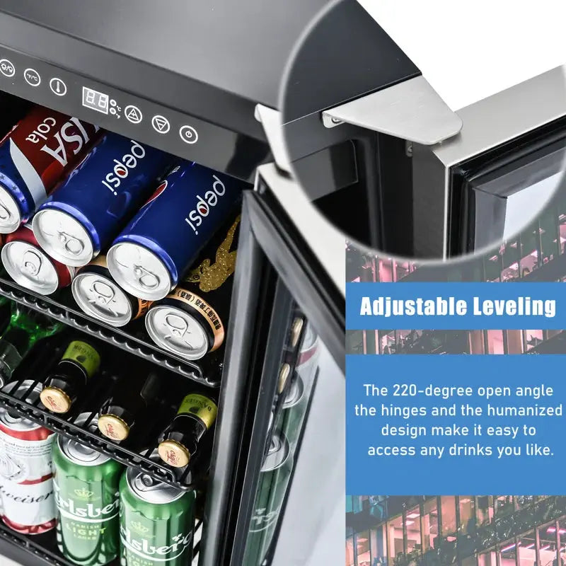 15 Inch Mini Beverage Cooler with 120 Cans Capacity for Soda, Water, Beer or Wine. Quiet Operation, Compressor Cooling System, Energy Saving, Adjustable Shelves, Blue Interior Light. | Fridge.com