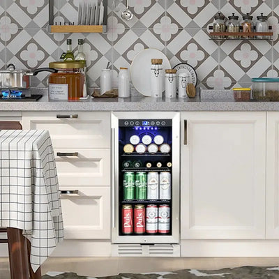 15 Inch Mini Beverage Cooler with 120 Cans Capacity for Soda, Water, Beer or Wine. Quiet Operation, Compressor Cooling System, Energy Saving, Adjustable Shelves, Blue Interior Light. | Fridge.com