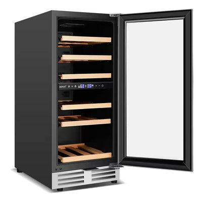 15" Dual Zone 30-Bottle Cellar Cooling Unit Built-In and Freestanding Wine Cooler in Blue LED 2 Handles Stainless Steel | Fridge.com