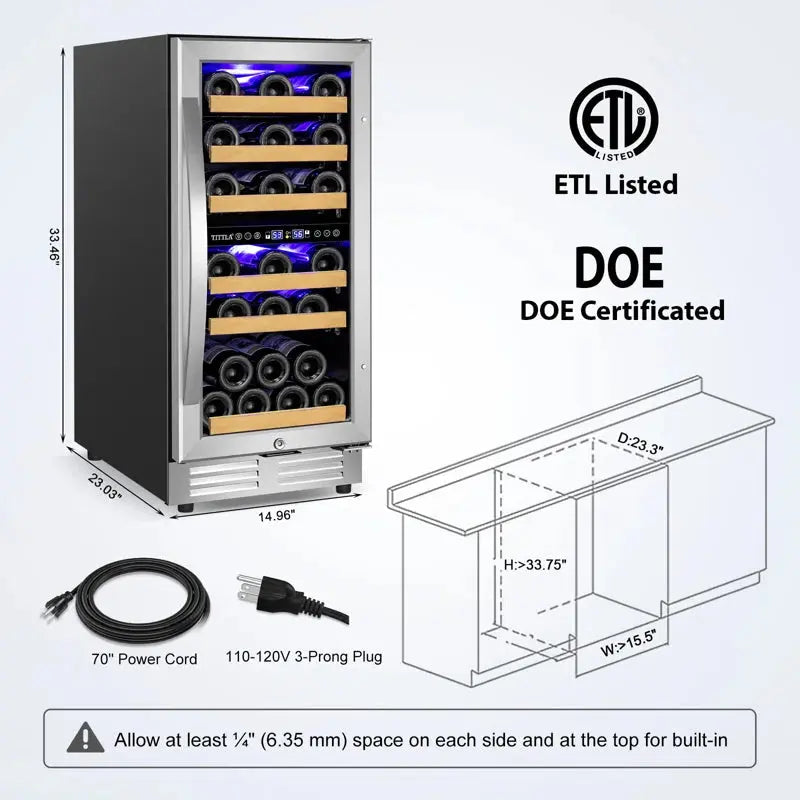 15" Wine Premium Refrigerator 30 Bottle Dual Zone Wine Cooler with Two Handle and Reversible Hinge | Fridge.com