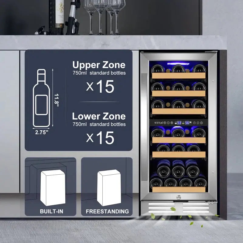 15" Wine Premium Refrigerator 30 Bottle Dual Zone Wine Cooler with Two Handle and Reversible Hinge | Fridge.com