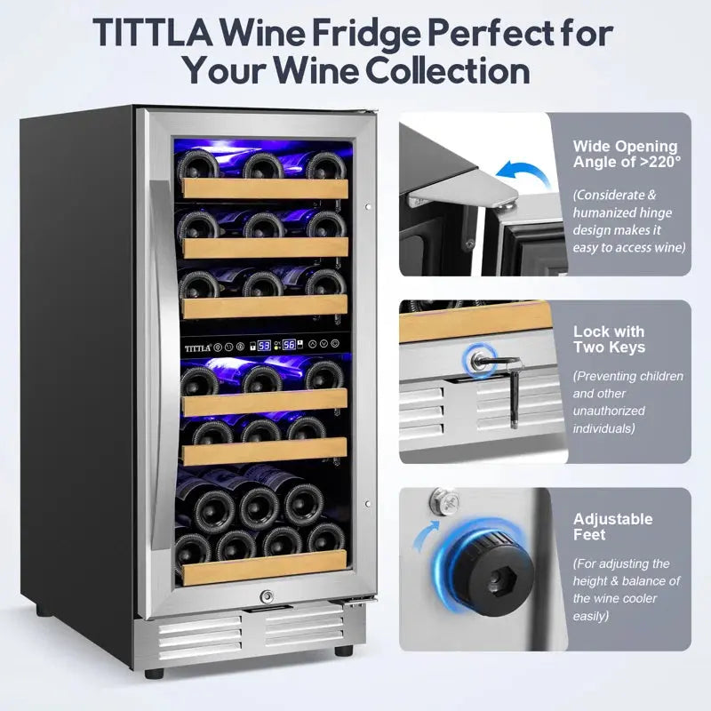 15" Wine Premium Refrigerator 30 Bottle Dual Zone Wine Cooler with Two Handle and Reversible Hinge | Fridge.com