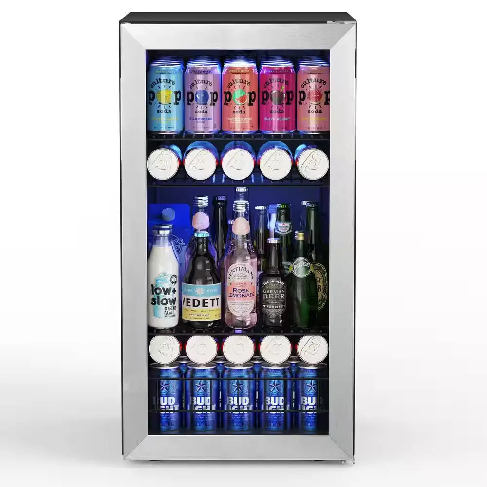 16.9 In. 121-Cans Single Zone Freestanding Beverage Cooler Refrigerator in Stainless Steel Digital Control Internal Fan | Fridge.com