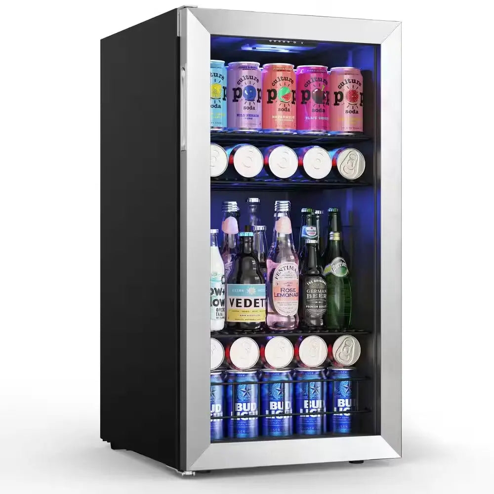 16.9 In. 121-Cans Single Zone Freestanding Beverage Cooler Refrigerator in Stainless Steel Digital Control Internal Fan | Fridge.com