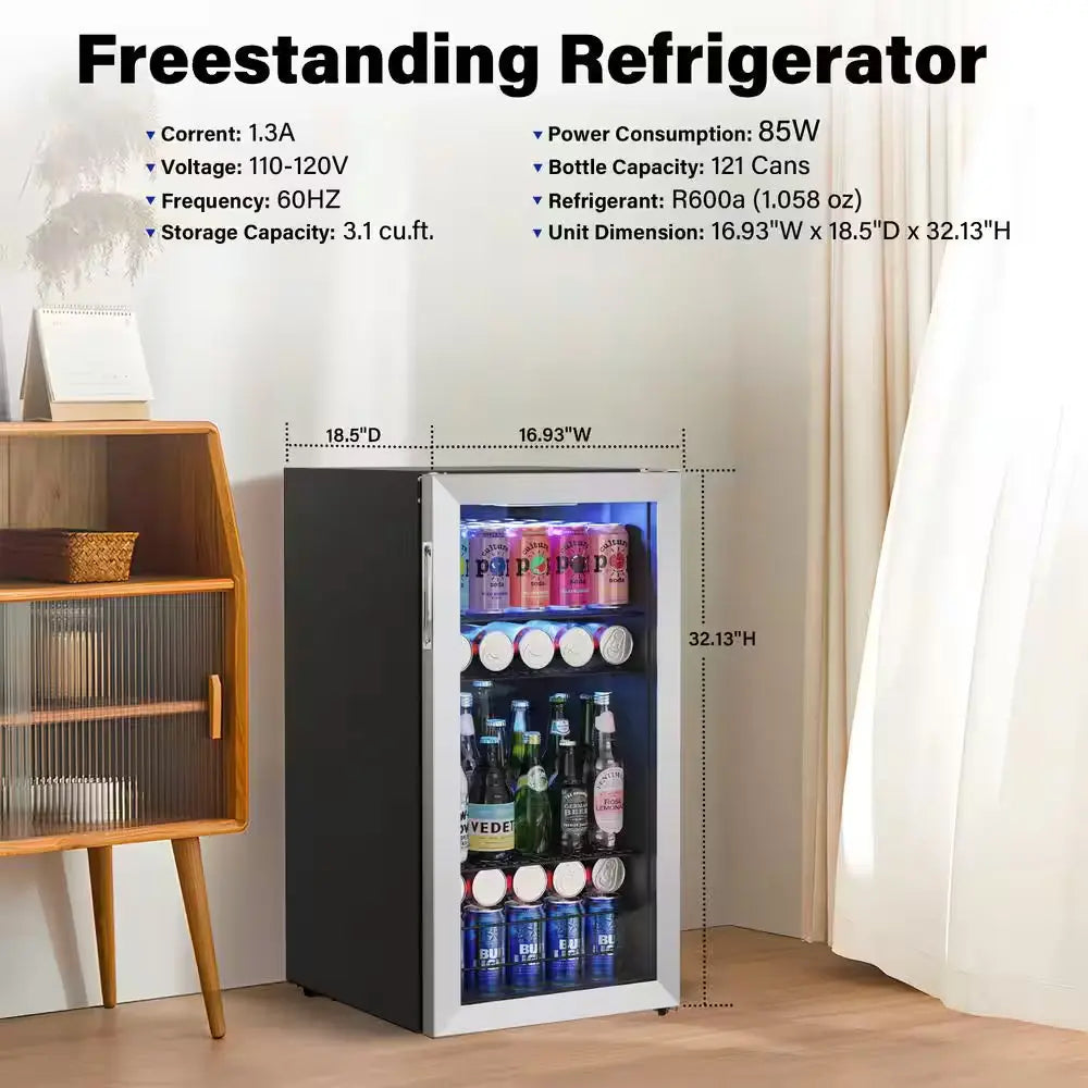 16.9 In. 121-Cans Single Zone Freestanding Beverage Cooler Refrigerator in Stainless Steel Digital Control Internal Fan | Fridge.com