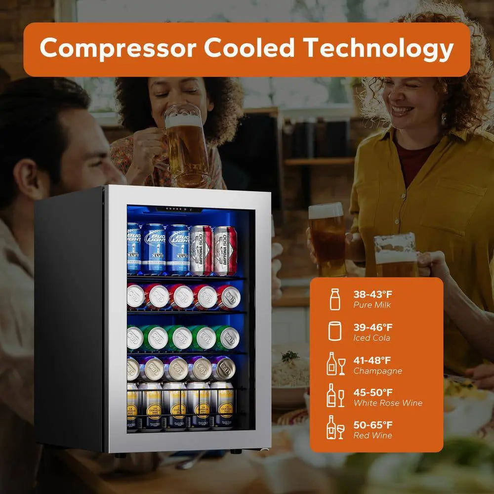 16.9 In. Single Zone 82-Cans Beverage Cooler Freestanding Compressor Frost Free Refrigerator Fridge in Stainless Steel | Fridge.com