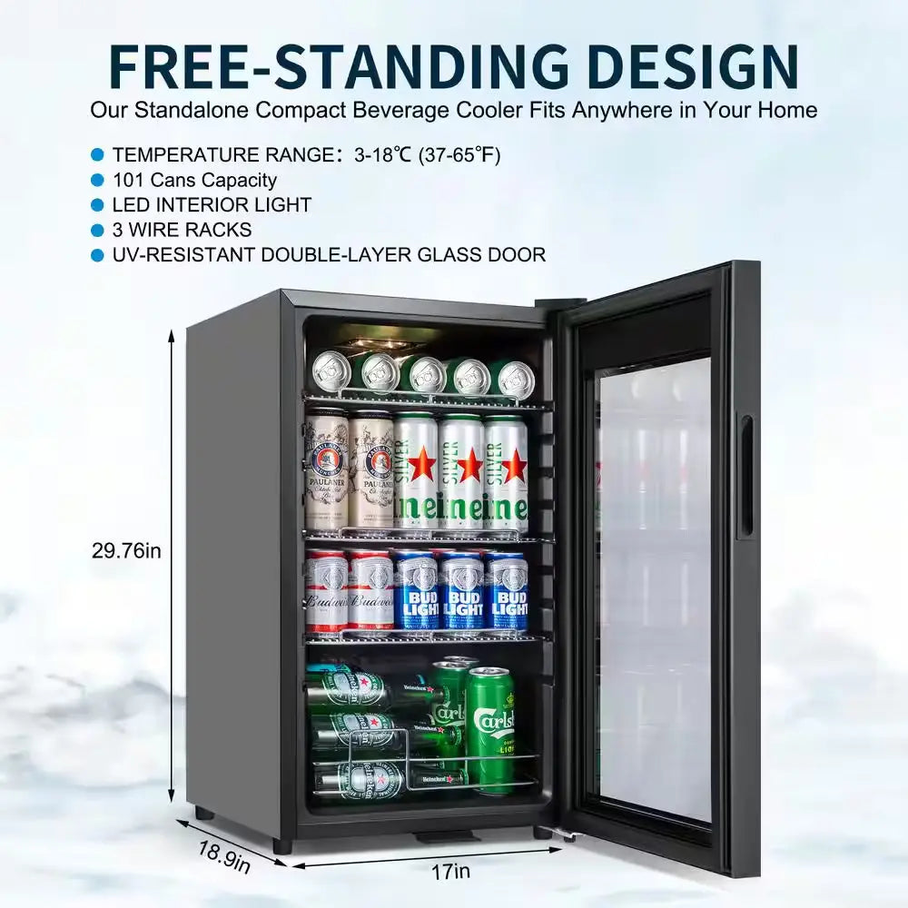 17 In. 101 (12 Oz.) Cans Freestanding Frost-Free Beverage Cooler Refrigerator Fridge with Door Lock, Black | Fridge.com