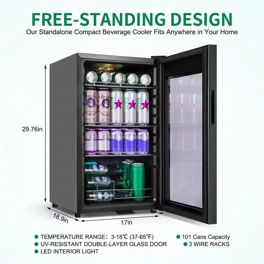 17 In. Single Zone Freestanding 101-Cans Black Stainless Steel Beverage Cooler with Adjustable Removable Shelves | Fridge.com