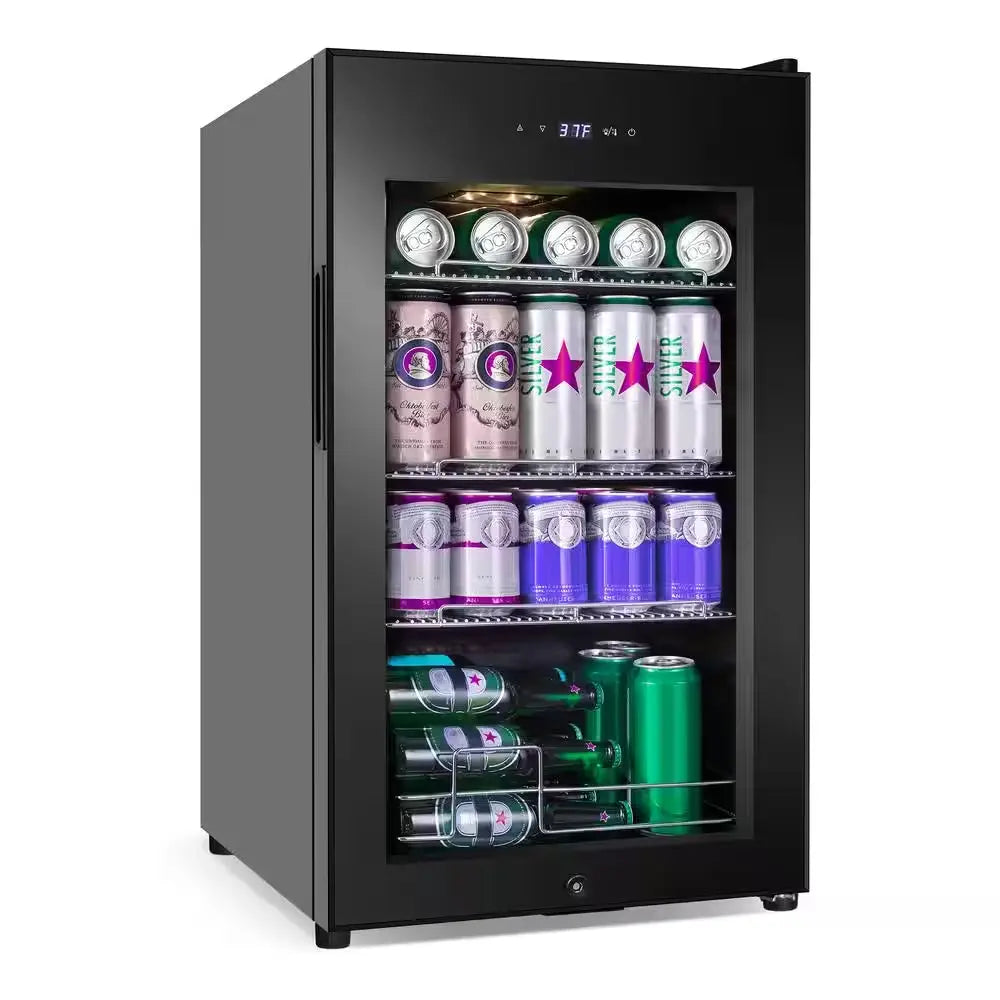 17 In. Single Zone Freestanding 101-Cans Black Stainless Steel Beverage Cooler with Adjustable Removable Shelves | Fridge.com