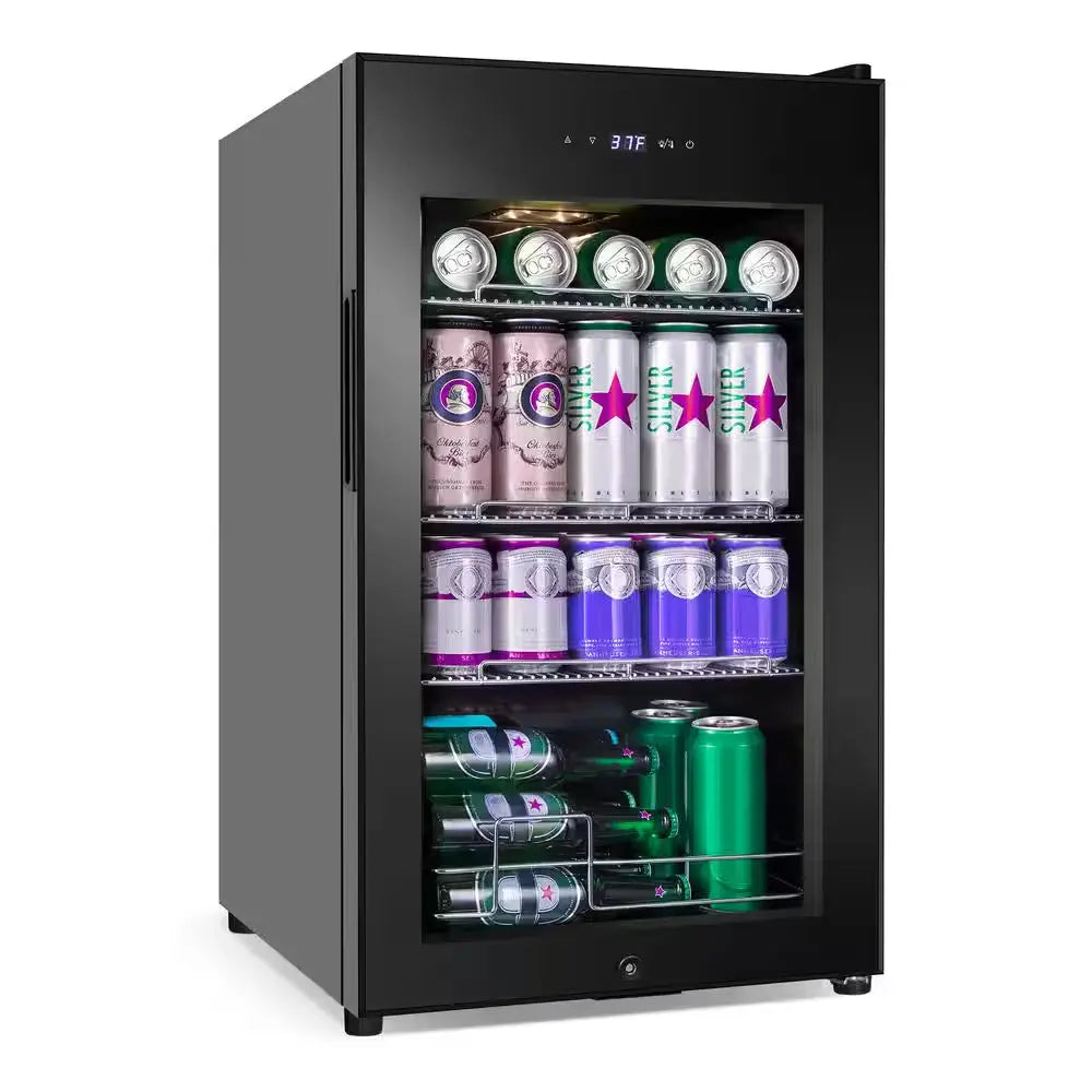 17 In. Single Zone Freestanding 101-Cans Black Stainless Steel Beverage Cooler with Adjustable Removable Shelves | Fridge.com