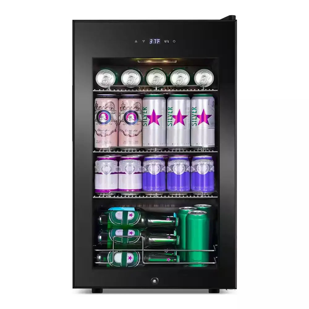 17 In. Single Zone Freestanding 101-Cans Black Stainless Steel Beverage Cooler with Adjustable Removable Shelves | Fridge.com