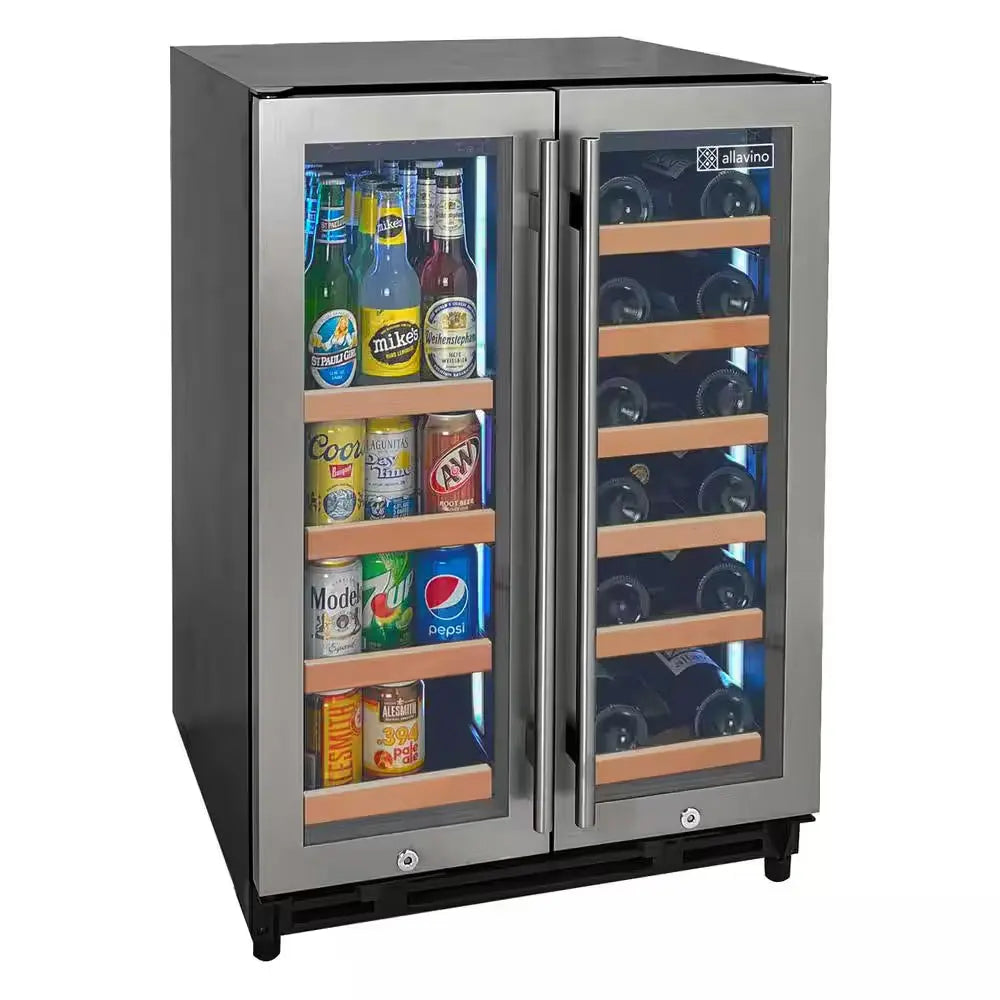 Reserva Series 24 In. Wide Dual Zone 66-Can/18 Wine Bottle Beverage Cooler in Stainless Steel with Wood Front Shelves | Fridge.com