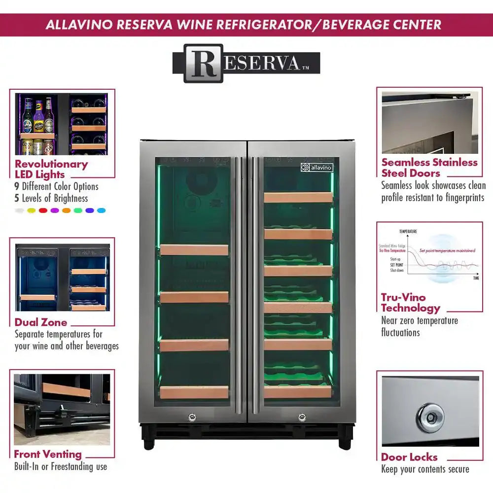 Reserva Series 24 In. Wide Dual Zone 66-Can/18 Wine Bottle Beverage Cooler in Stainless Steel with Wood Front Shelves | Fridge.com