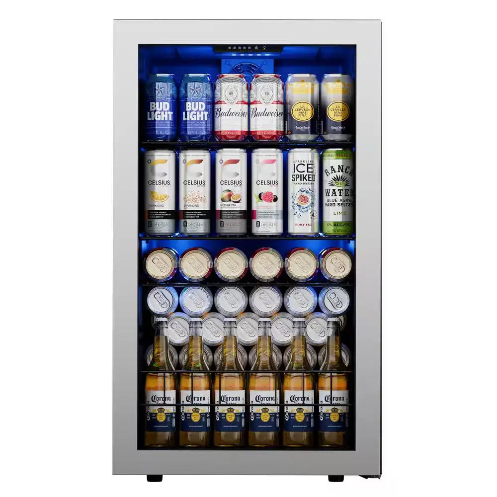 18.8 In. Single Zone 142-Can Beverage Cooler Freestanding Refrigerator Frost Free Tempered Glass Door in Stainless Steel | Fridge.com