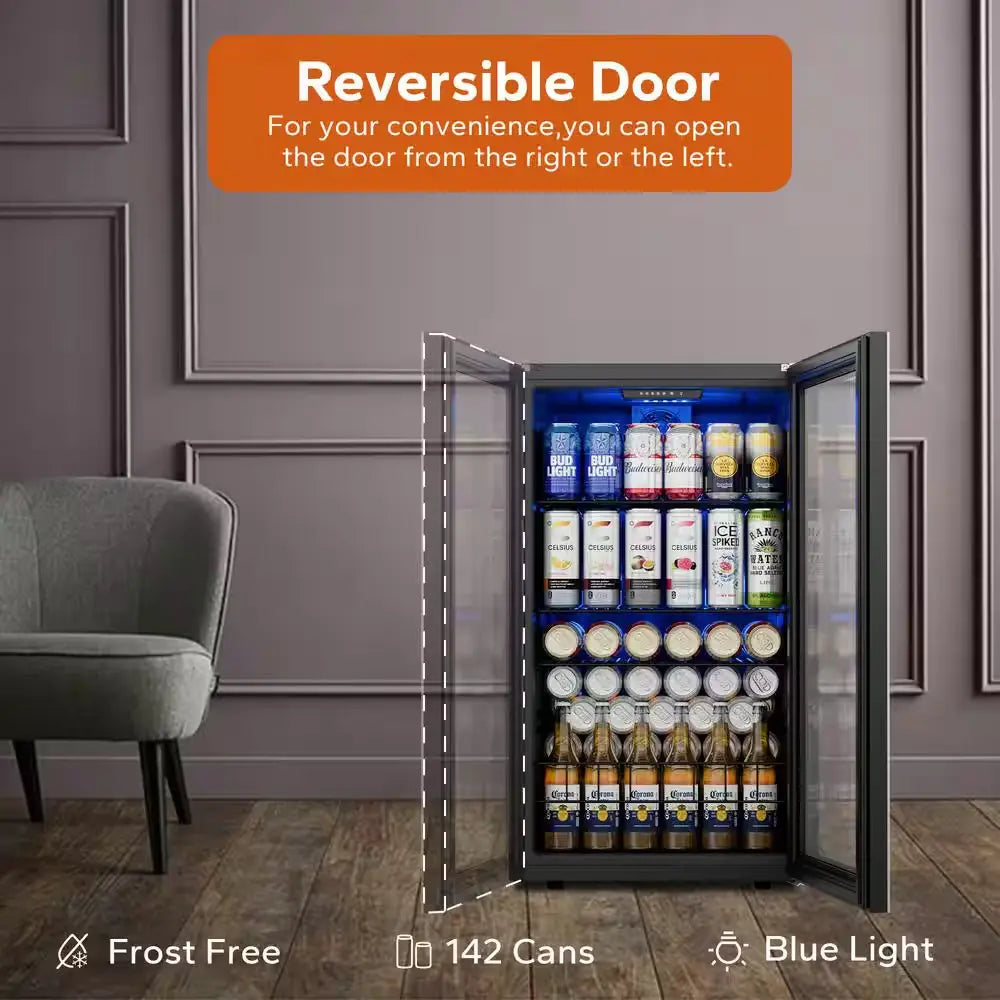 18.8 In. Single Zone 142-Can Beverage Cooler Freestanding Refrigerator Frost Free Tempered Glass Door in Stainless Steel | Fridge.com