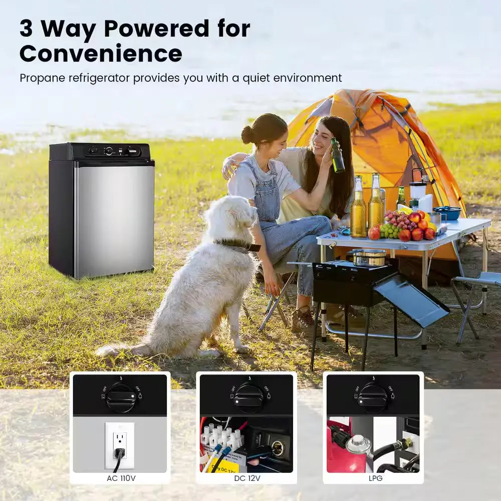 19 In. 2.1 Cu. Ft. Mini Refrigerator in Black, Silver Camper Gas Refrigerator 120V Quiet Outdoor Camper RV Fridge | Fridge.com