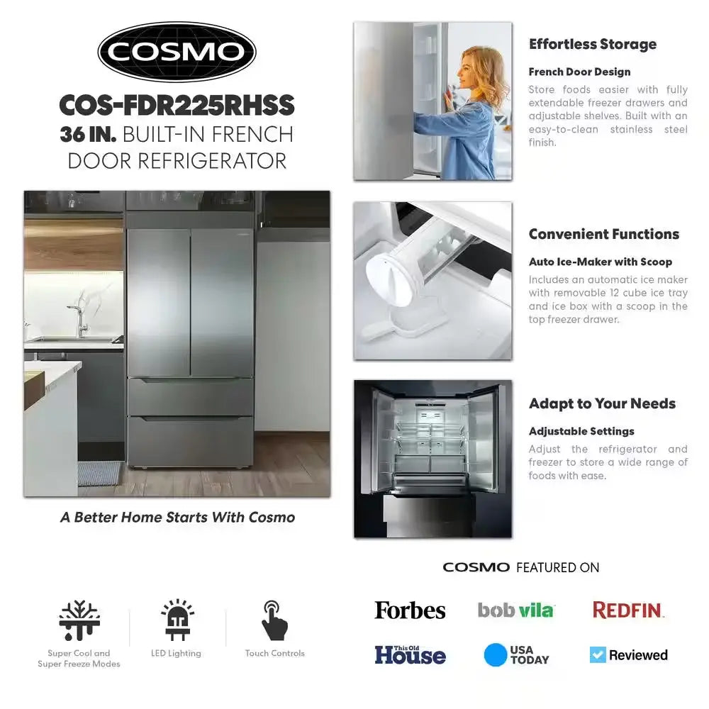 22.5 Cu. Ft. 4-Door French Door Refrigerator with Recessed Handle in Stainless Steel, Counter Depth | Fridge.com