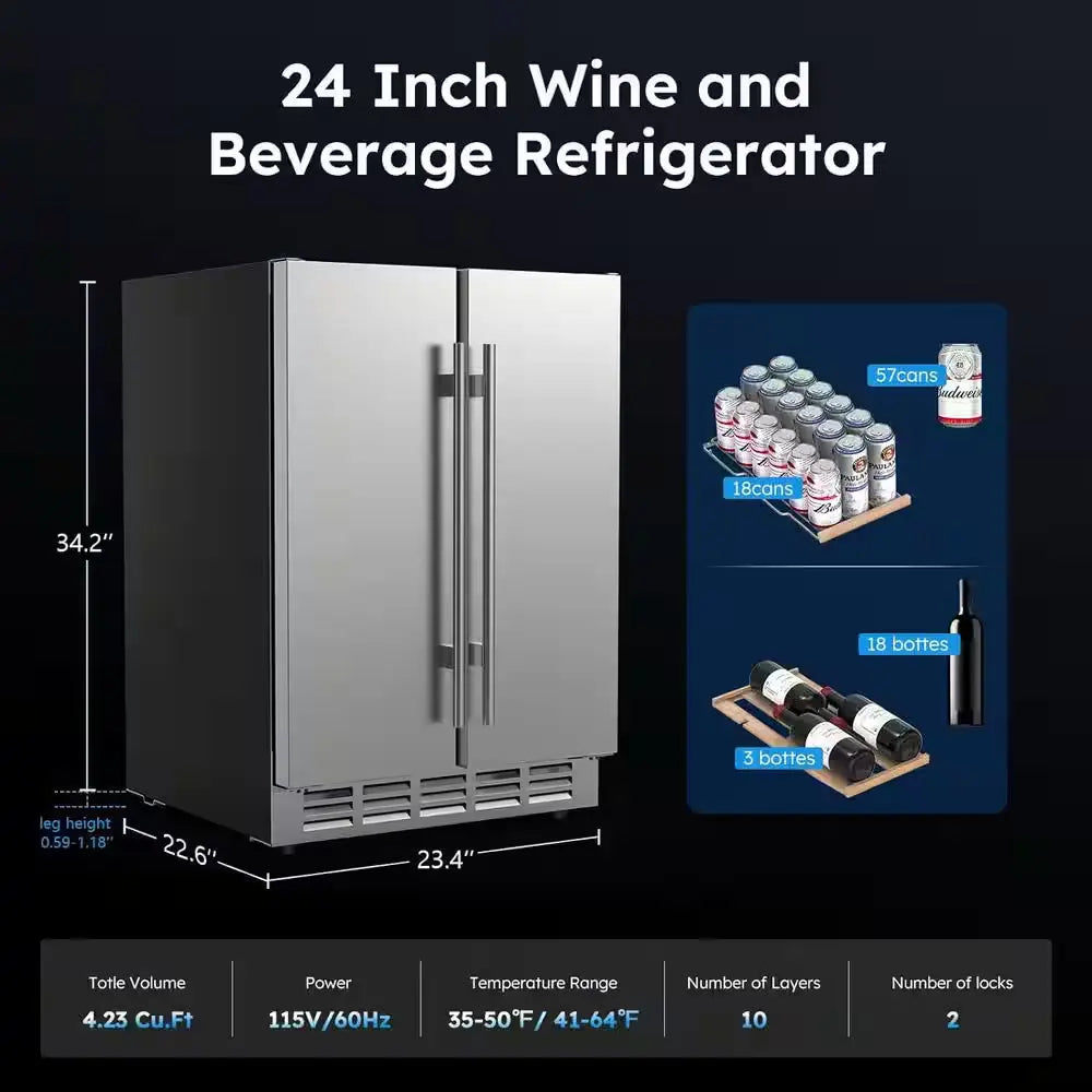 23.4 In. Dual Zone 20-Wine Bottles and 57-Cans Beverage and Wine Cooler in Silver | Fridge.com