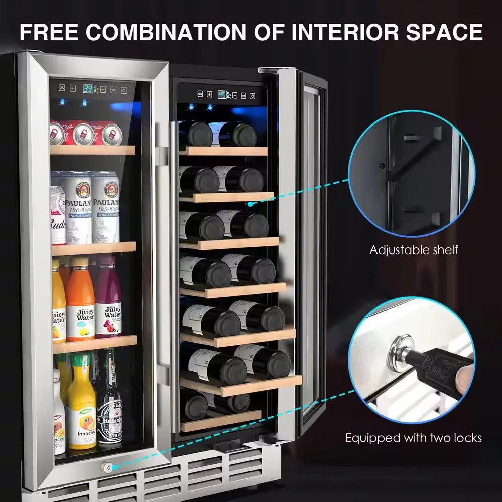 23.4 In. Dual Zone 20-Wine Bottles and 57-Cans Beverage and Wine Cooler in Silver with Safety Locks | Fridge.com